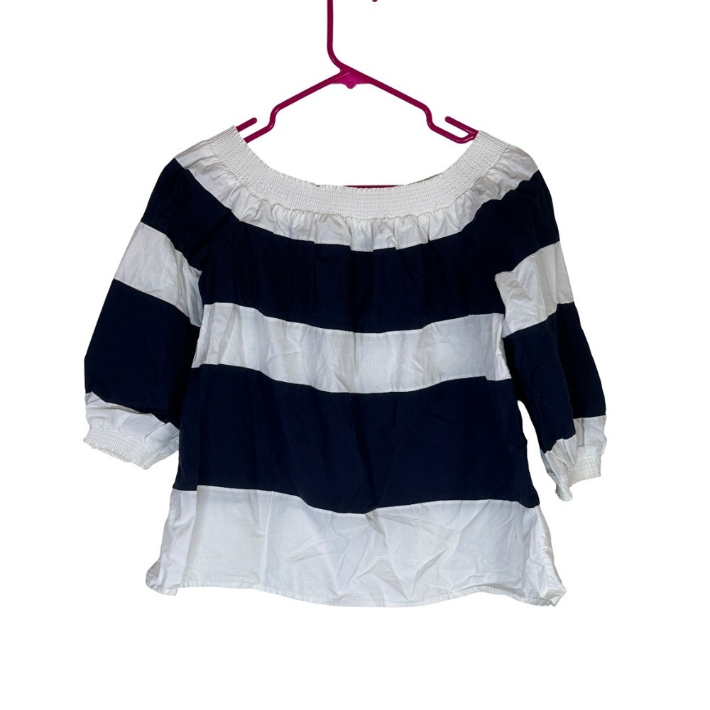 Crown & Ivy Off The Shoulder Top Womens Small Navy White Striped Cotton Nautical